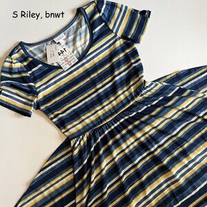 Small Lularoe Riley midi maxi dress, blue yellow white stripes, cottony